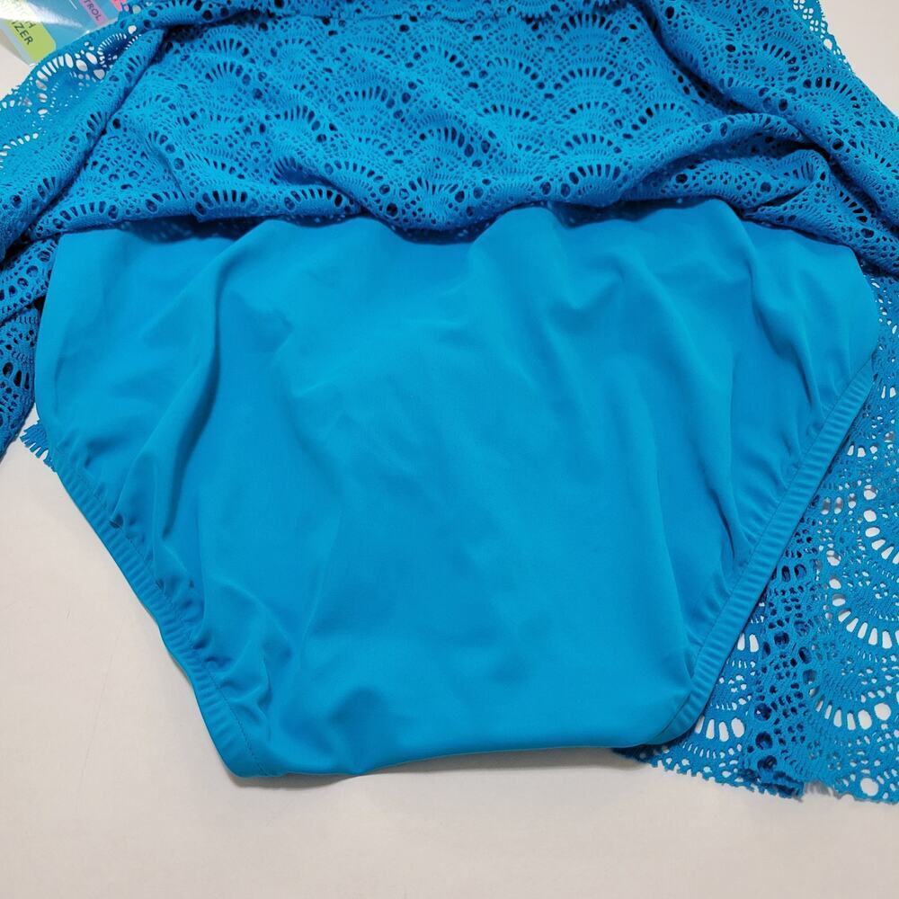 Swim Solutions Tummy-Control Flyaway Swimdress Crochet Boho Teal NWT Size 10 - Picture 9 of 11